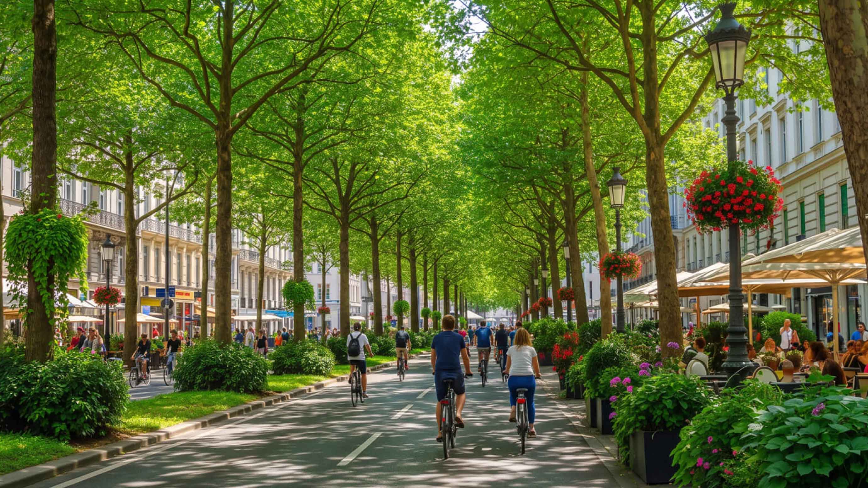 Baumgesäumte Stadtstraße mit Radfahrern und blühenden Blumenkübeln