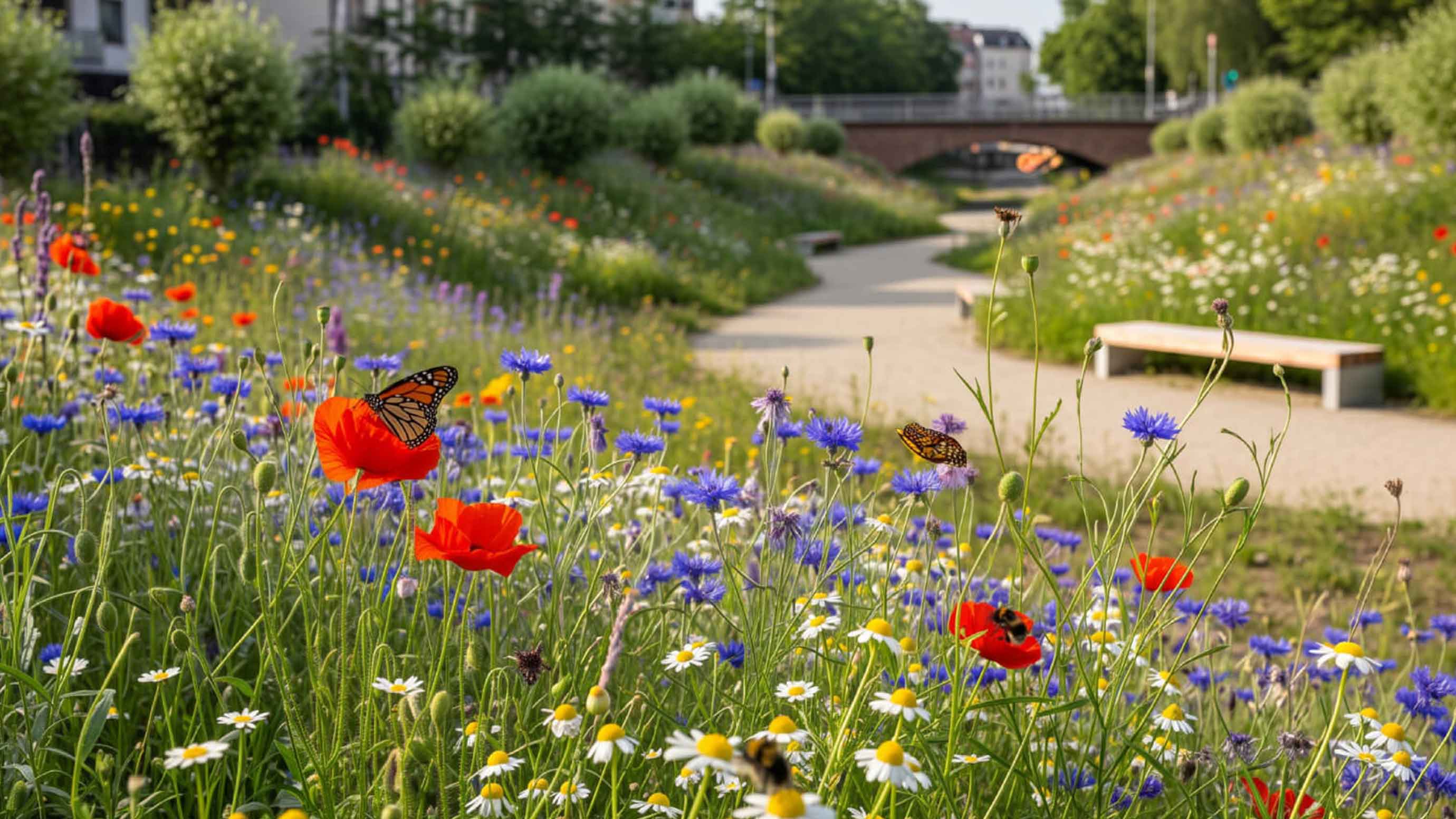 Bunte Wildblumenwiese mit Schmetterlingen in urbaner Parkanlage